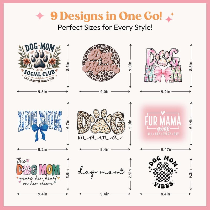 Kaciola Dog Mom DTF Transfers Ready to Press, 9 Sheets Dog Mom Social Club Mama Paw Iron on Transfers Washable Stickers Iron on Decals for T Shirts Hoodie DIY Crafts - Image 2